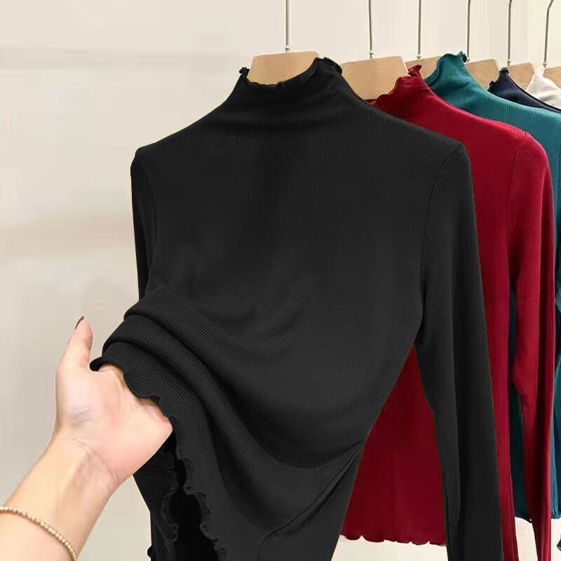 Threaded half-turtle collar bottoming shirt for women, 2025 autumn and winter slim-fit fungus long-sleeved T-shirt for women, can be worn outside 1000-ginger yellow L recommended 95-105 pounds