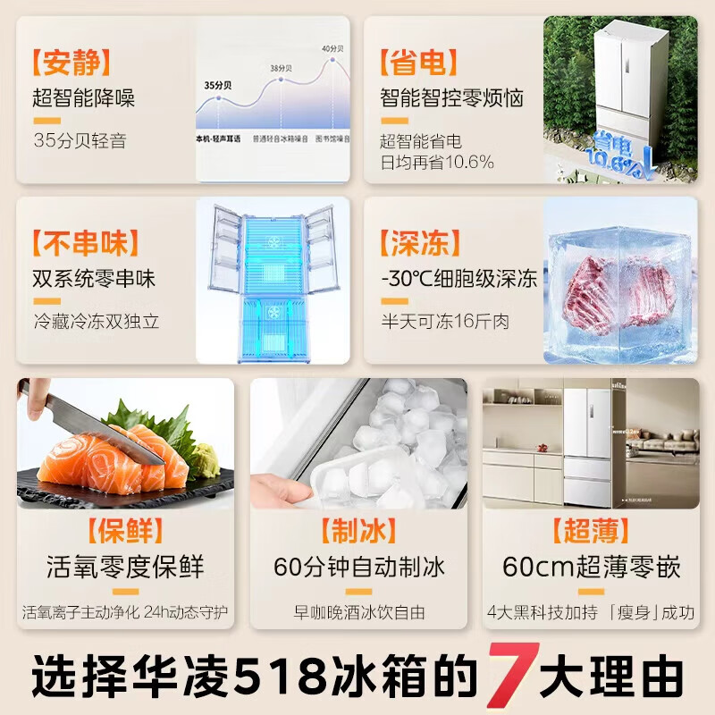 Midea's Shenji Jihuang 518 Hualing French 4-door ice making 60cm ultra-thin zero-embedded dual system dual cycle first-level energy efficiency household large-capacity smart refrigerator 518WUFIPZ 518 liters fully automatic ice making system