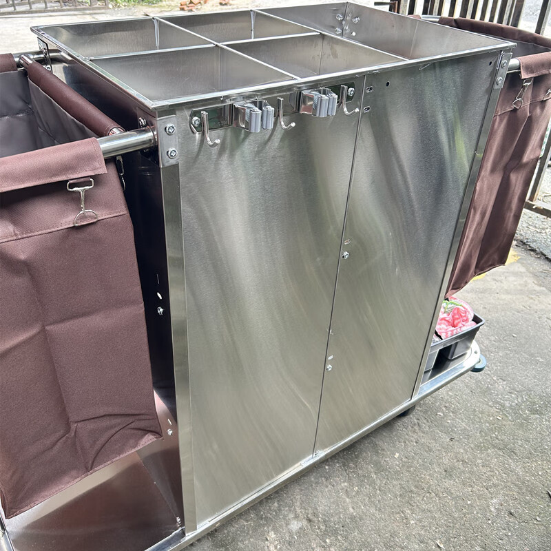 Hotel work linen cart universal wheel hotel stainless steel double-sided room entrance cleaning truck room service cart 1.35 meters steel double-sided blue long and short cloth bags - disassembly and assembly of mop rack 1