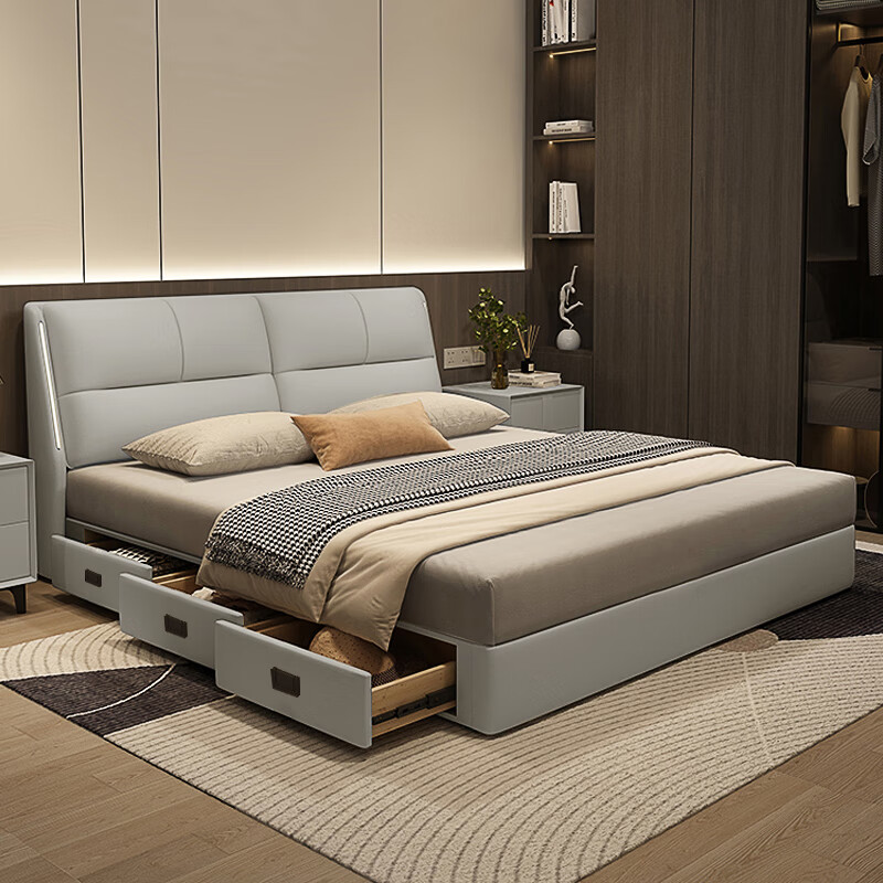 Italian light luxury leather bed double bed master bedroom large bed modern simple internet celebrity bed high-end atmospheric soft-covered wedding bed leather bed door-to-door delivery 1800mm*2000mm frame structure