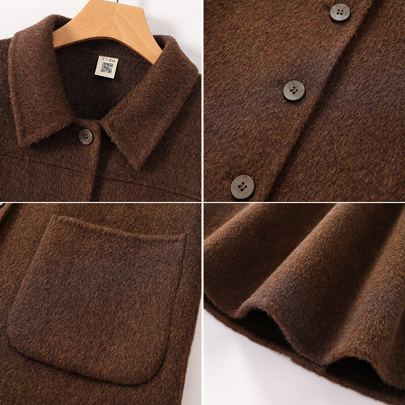 Qianbainian 100% sheep wool double-sided wool coat for women autumn and winter new style small lapel single-breasted mid-length coat carbon black L