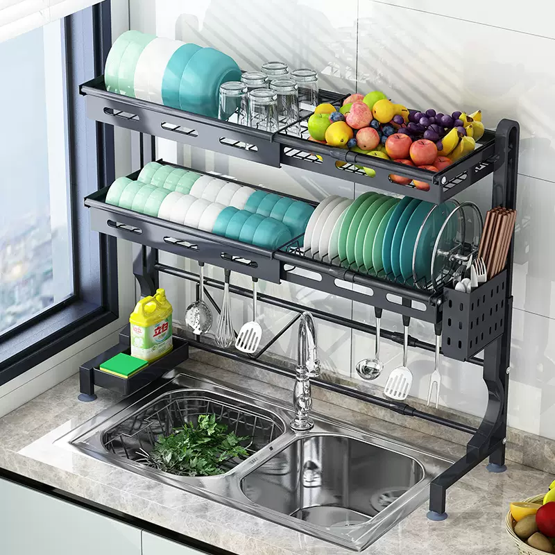 Yusenyi telescopic 304 stainless steel kitchen rack sink dish rack dish rack dish rack drain rack sink dishes storage layer single layer 304 steel telescopic up and down left and right (with chopsticks and spoon holder - dishwashing liquid holder - knife holder)