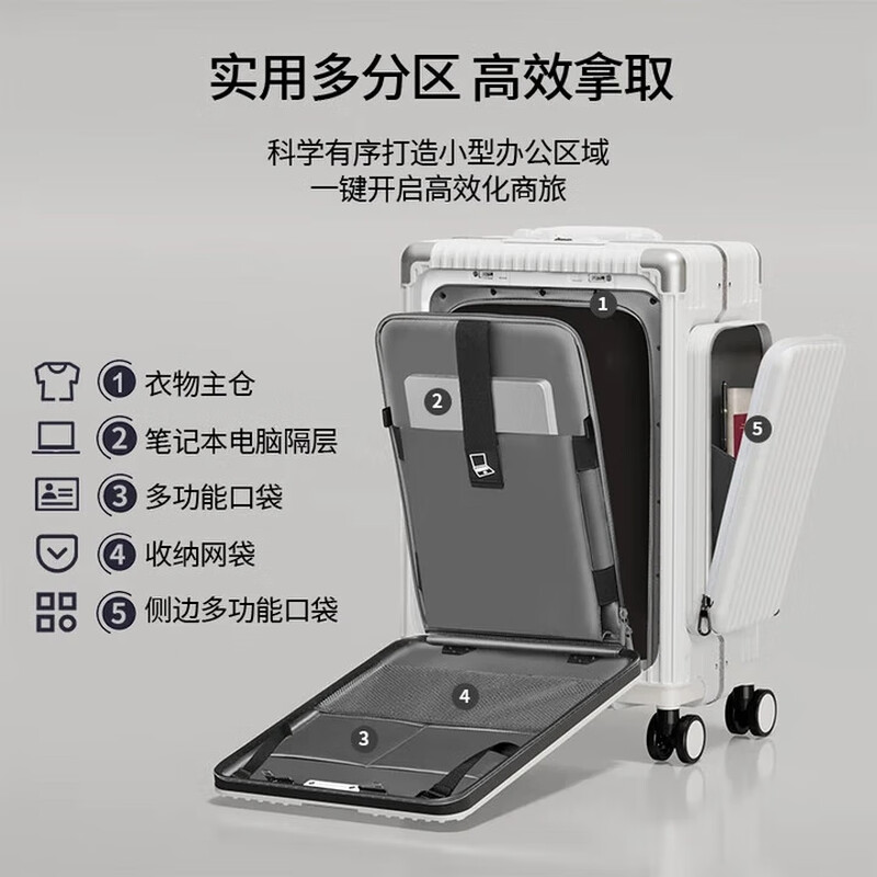 Minlu Paul multifunctional 20-inch suitcase trolley case can be boarded on the plane, front opening suitcase, large-capacity password box, white, innovative side bag + computer front compartment + brake wheel 20-inch boarding case can hold 15.6-inch computer