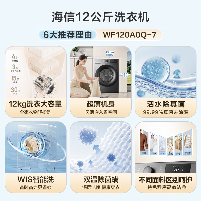 Hisense drum washing machine fully automatic 12kg super large capacity healthy high washing ratio running water washing first class energy efficiency WF120A0Q-7 trade-in home appliance subsidy