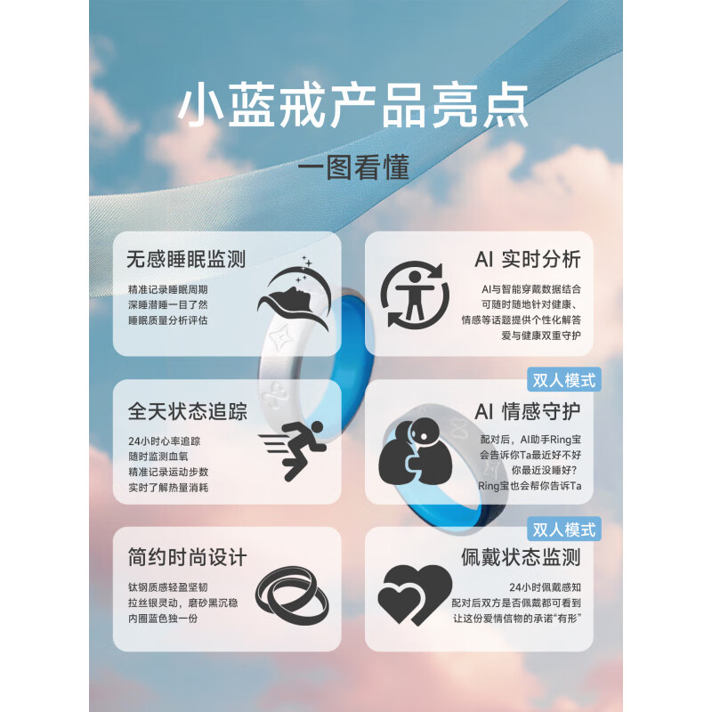 Huaqiangbei Riingvo Small Blue Ring Pair Set AI Smart Pair Ring Same Style Heart Rate Sleep A Ring - Matte Black (8) B Ring - Brushed Silver (9)