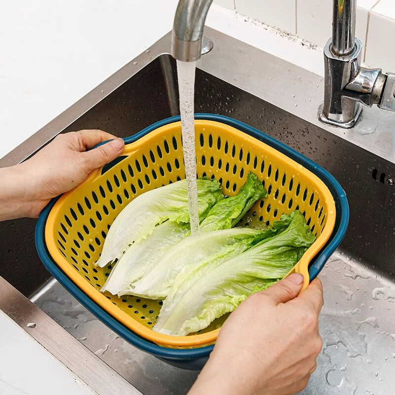 Xincong double-layered sink drain basket six-piece set for kitchen fruit plate living room household washing basin vegetable basket rounded corners medium blue and yellow 1 piece set 2 pieces