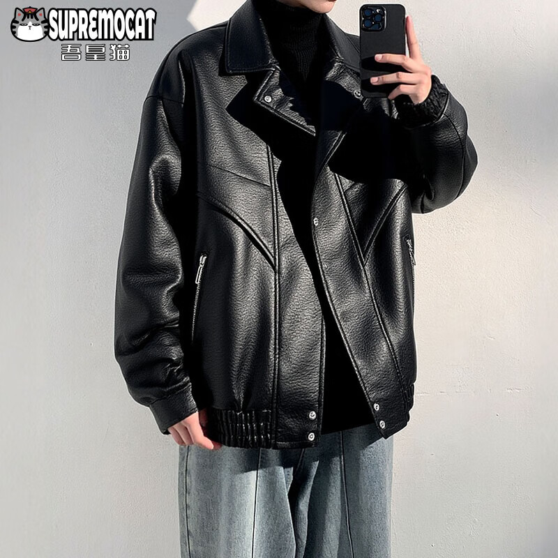 My Royal Cat American Leather Jacket Men's Spring and Autumn Versatile Retro Handsome Versatile Motorcycle Leather Jacket WJ14 Black XL