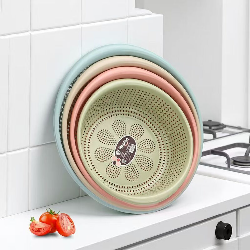 Drain basket, enlarged and thickened, plastic oval hollow kitchen household single layer large fruit washing and vegetable draining basket, sky clear blue, cooked glue PP material, small + medium + large