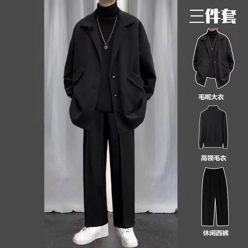 Gxmy woolen coat suit men's casual autumn and winter coat trendy high-end men's clothing complete set with handsome windbreaker woolen coat black + sweater white + trousers three-piece set XL 125-140 pounds