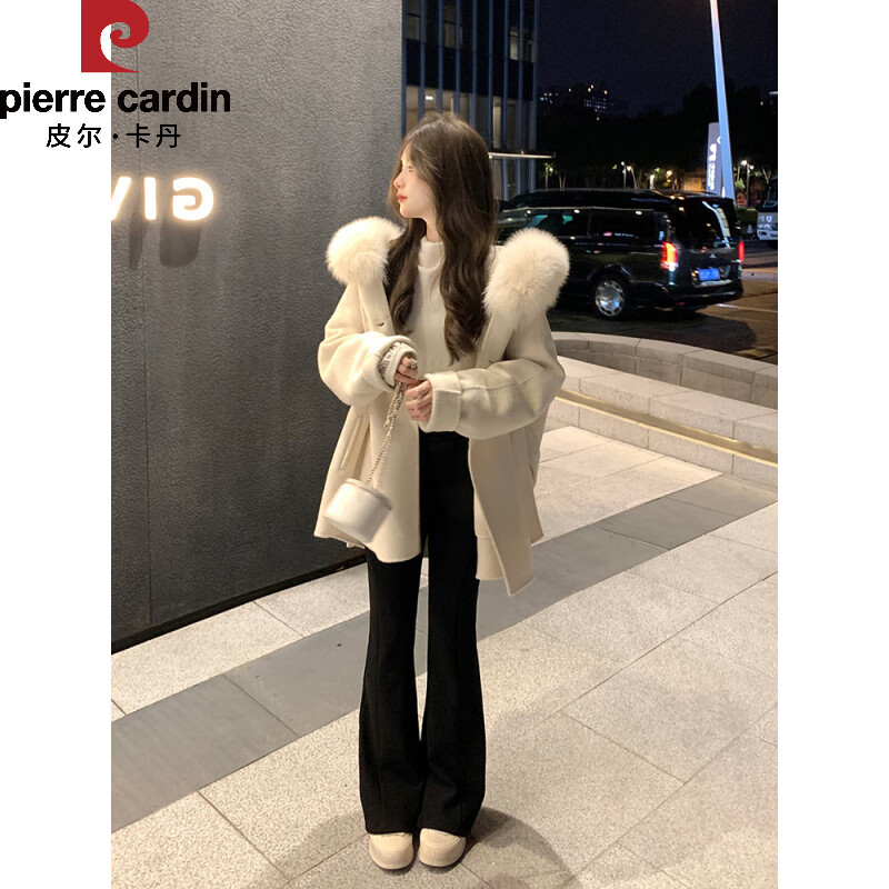 Pierre Cardin white double-sided cape coat for women 2025 new autumn and winter small thick short woolen coat white L 115 catties-130 catties