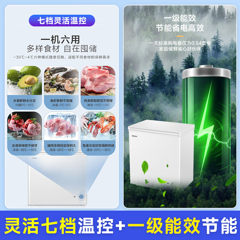 Haier small freezer series 100/143/201/300 liters household single temperature horizontal freezer automatic frost reduction, antibacterial and odor-free fully frozen fully refrigerated switchable freezer first level energy saving 201 liters -30 deep freezing 80% frost reduction | Approximately 280 pounds