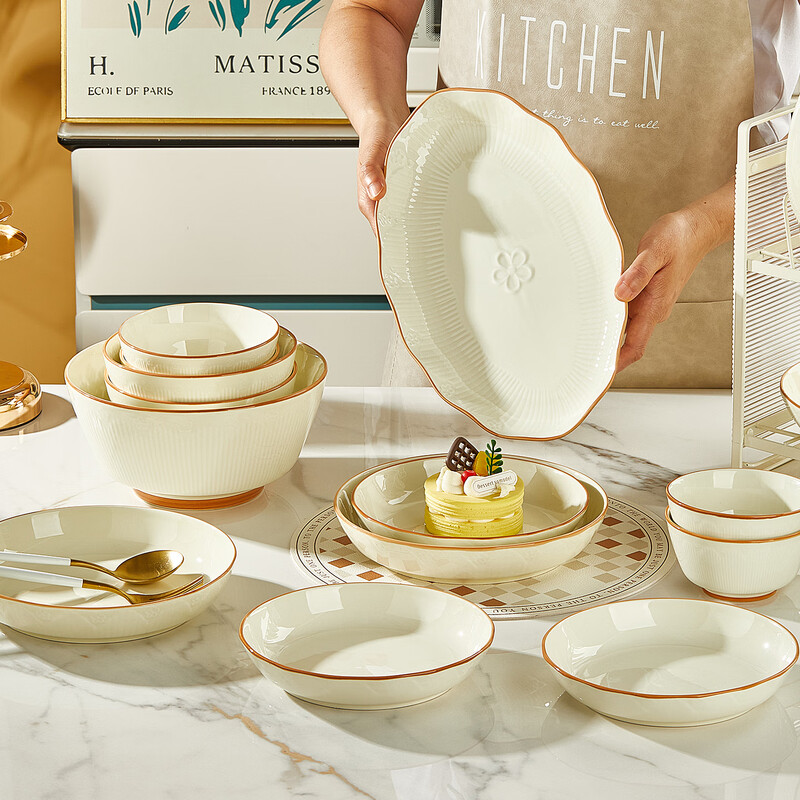 Guoyue light luxury simple bowl and dish set Jingdezhen underglaze color cream style tableware complete set of high-looking housewarming tableware and plates Encounter Shiguang underglaze color 56-piece gift box