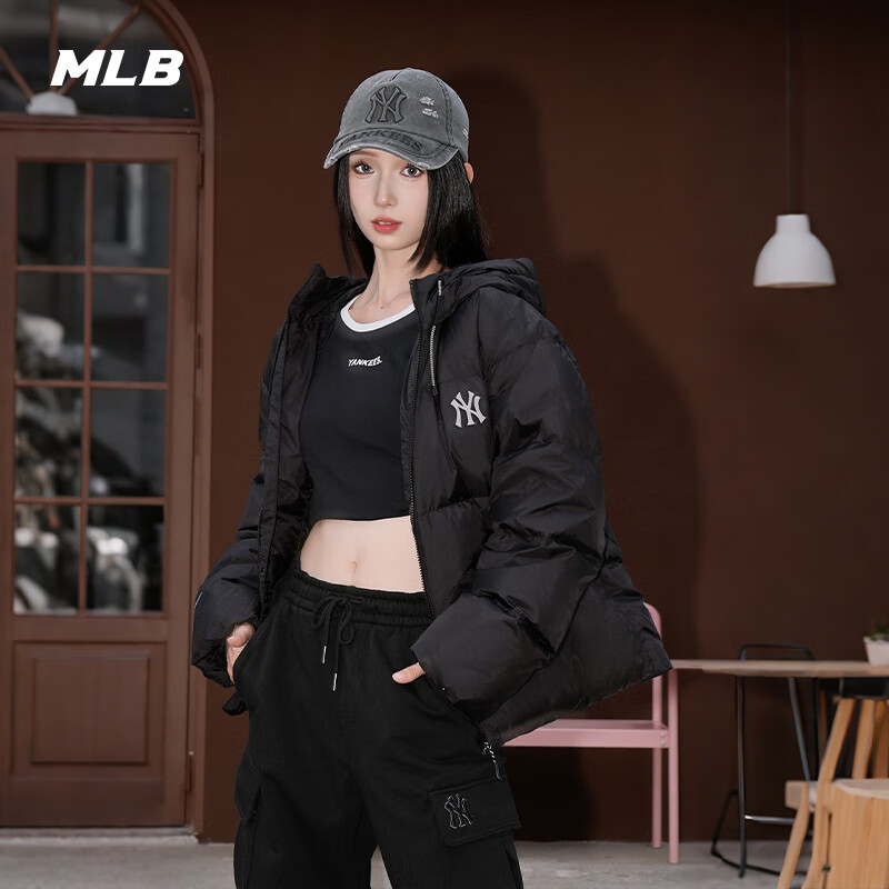 MLB Official Fashionable and Versatile Atmosphere Hooded Goose Down Down Jacket for Men and Women Couples 25 Autumn and Winter New DJB40 New York Yankees/Black M (It is recommended to take one size smaller)