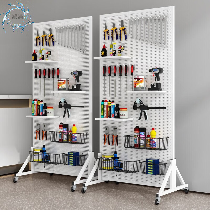 Tool hanging board, iron art hardware, hole board, floor-standing round hole calligraphy and painting display rack, jewelry accessories, mobile push-pull storage rack, high-gloss white floor-standing model, height 200*120 cm, free 50 hooks