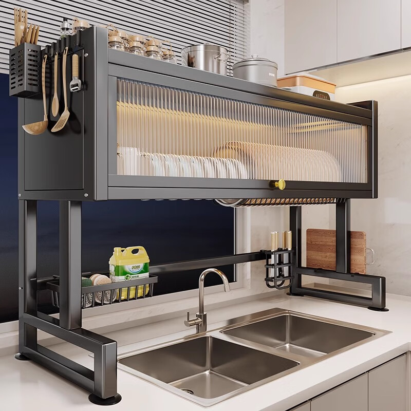 Jingyouyu German kitchen sink rack wash basin dustproof bowl counter top storage tableware multifunctional storage rack black - main rack length 65cm + 6 hooks