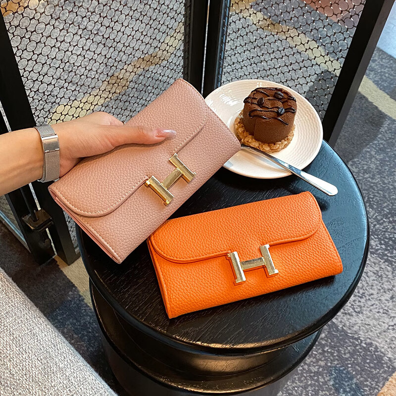 Kangaroo Wallet Long Litchi Pattern Women's Fashion Versatile Covered Wallet Wallet with Large Capacity and Multiple Card Slots Trendy Black