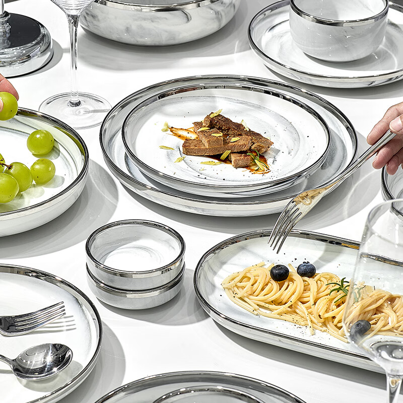 TREEJACK Marbled Ceramic Bowl and Plate Set Underglaze Color Housewarming Gift Rice Bowl Soup Plate Chopsticks Spoon 60 Pieces