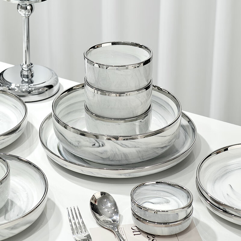 TREEJACK Marbled Ceramic Bowl and Plate Set Underglaze Color Housewarming Gift Rice Bowl Soup Plate Chopsticks Spoon 60 Pieces