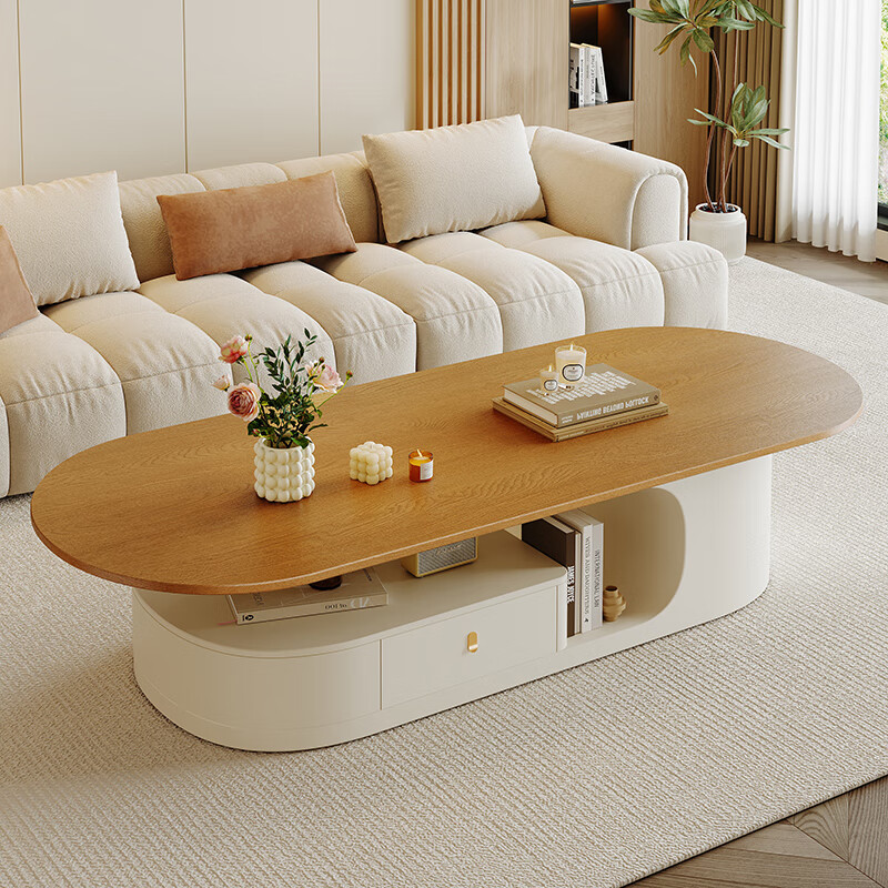 Home cream style living room solid wood coffee table small apartment home light luxury oval table tea table antique style high-end tea table solid wood countertop rosewood color oval coffee table 120*60*42cm