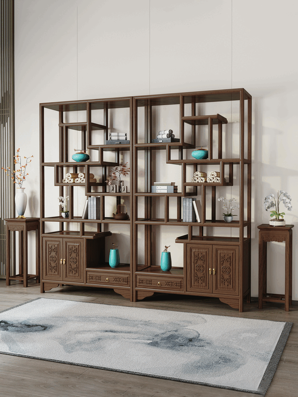 Chinese solid wood antique rack living room partition tea Duobao Pavilion antique ornaments storage rack bookshelf display display cabinet 98 two doors and one bucket ancient rack single (left) (Nan Yumu) limited to 5 sets 196x28x196cm