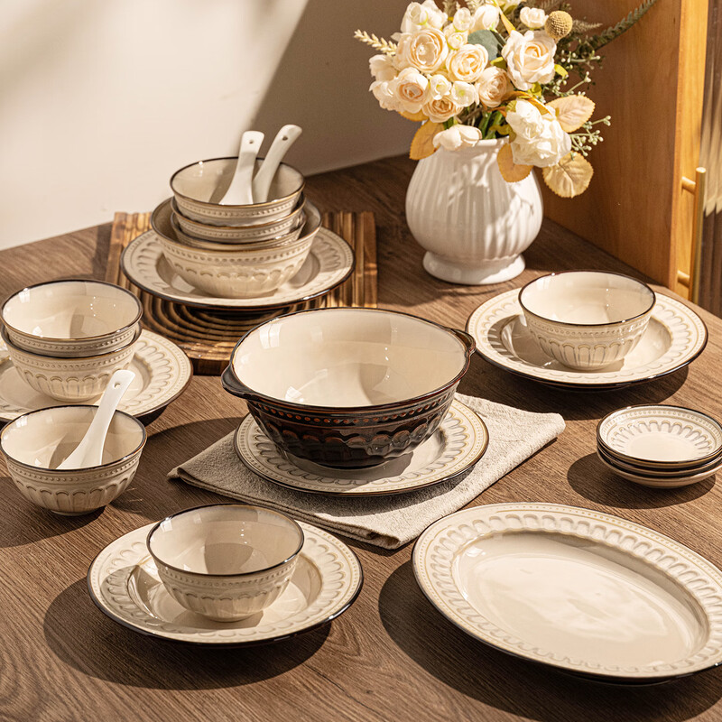 Agudo bowl and dish set household Japanese bowls and plates complete set Jingdezhen ceramic tableware bowls and chopsticks plates and bowls housewarming gift Roman food for 4 people (soup bowl configuration) 24-piece set