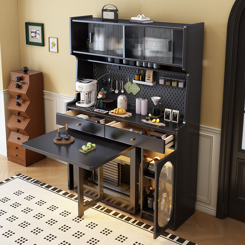 Senneng antique-style solid wood sideboard and dining table integrated for small apartments, foldable telescopic storage cabinet, wine cabinet, wall-mounted sideboard, 1.2m sideboard + 1.4m dining table + dining chairs*4