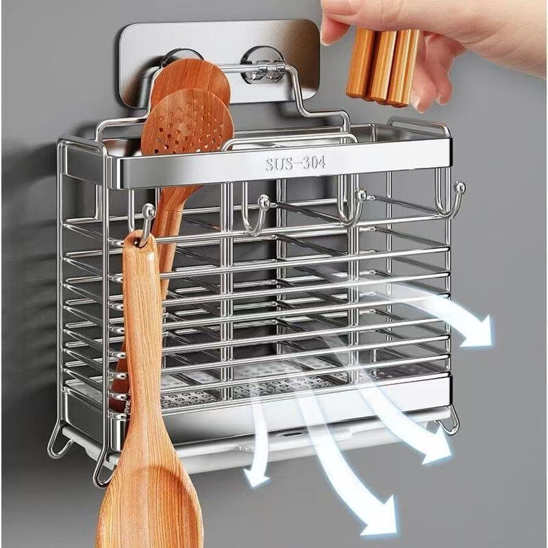 304 stainless steel chopstick barrel household chopstick storage box kitchen chopstick cage wall-mounted knife holder spoon storage rack round line style 2-grid chopstick cage