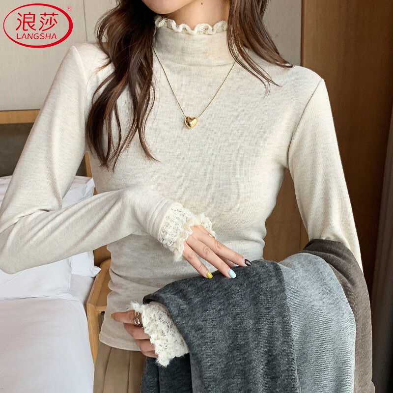 Langsha patchwork lace half turtleneck bottoming shirt for women in autumn and winter 2025 new brushed slim fit warm top