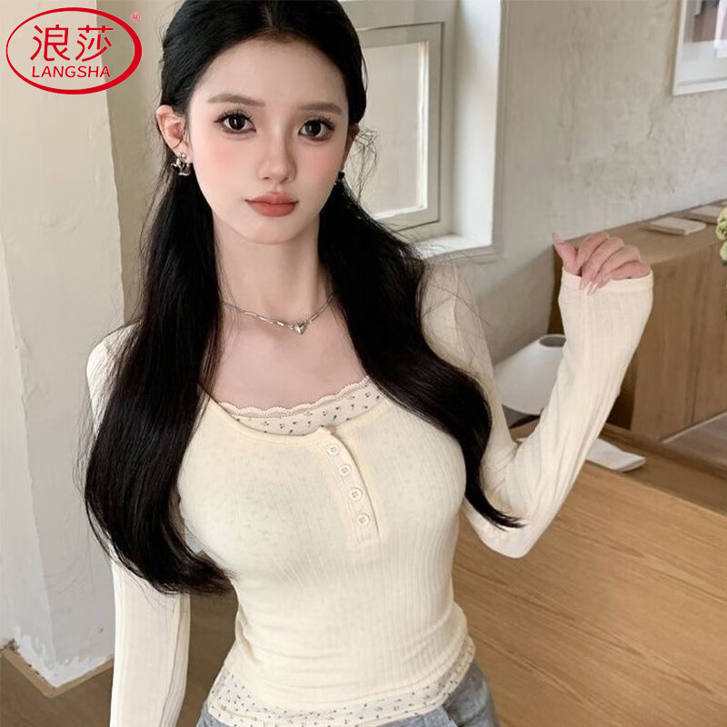Langsha Floral Fake Two Piece Bottoming Shirt Women's Long Sleeve 2025 Autumn New Style Slim Fit Pure Sexy Hot Girl Lace Top