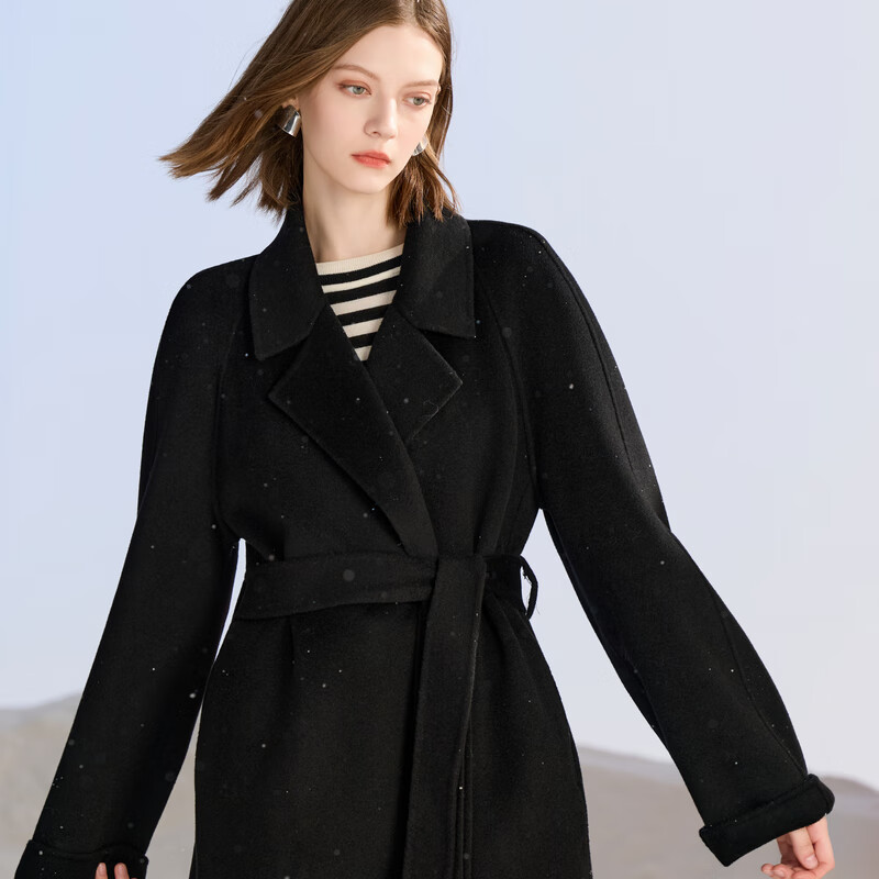 Tricolor 100 Sheep Wool 2025 Winter New Long Double-sided Wool Coat with Loose Lapel M Classic Black S 155/80A
