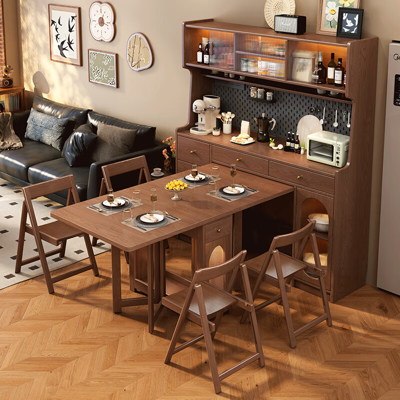 Senneng solid wood sideboard, mid-century style sideboard, integrated dining table, wall-mounted small household storage cabinet, solid wood tea cabinet, 1.6m sideboard + 1.7m dining table + dining chairs*2