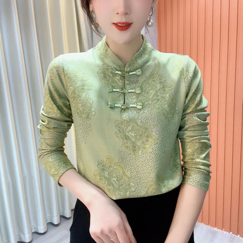 Hengyuanxiang plus velvet 2025 winter stand-up collar printed plate button national style top versatile long-sleeved age-reducing flesh-covering bottoming shirt for Mrs. Pink XL 90-110 catties