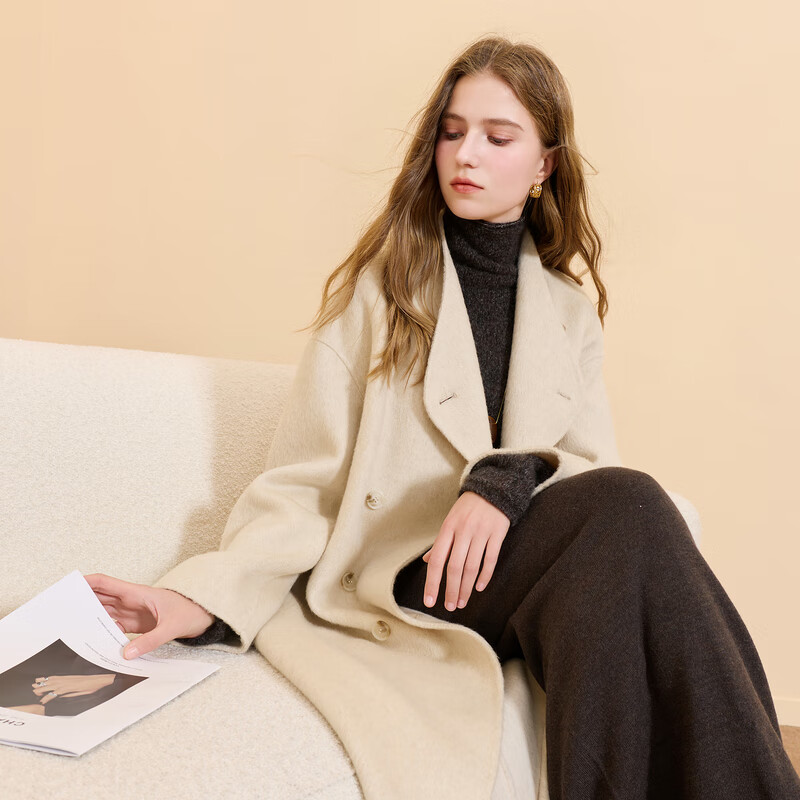 Sancai Albaka 2025 winter new double-sided woolen coat lapel double-breasted long style M