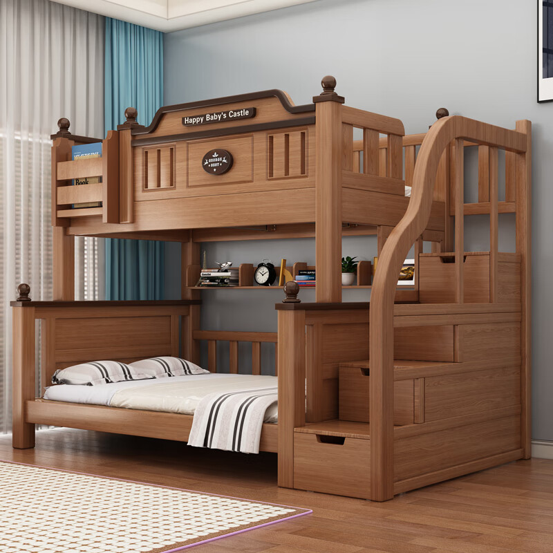 Bunk bed, multi-functional, all solid wood high and low bed, children's bed, bunk bed, double bunk bed, adult two-story wooden bed, ladder-double drawer-5CM brown mat, upper bed width 105, lower bed width 135 (comes with bookshelf)