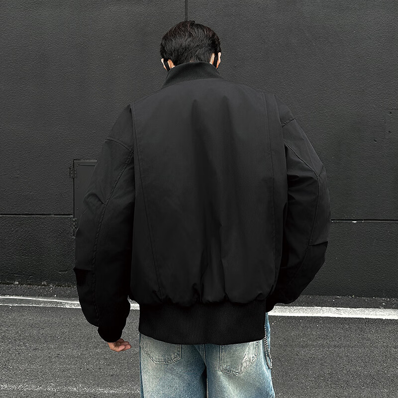 Homlean American retro flight jacket men's autumn and winter stand-up collar baseball uniform casual top coat HJ32 black cotton XL