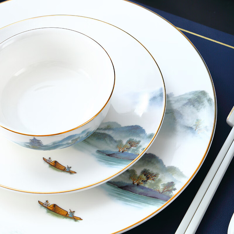 Youmingrui Chinese hotel tableware set, ceramic gold edge five-piece set, hotel eight-piece set, custom logo printing, Tashan Huiying large eight-piece set