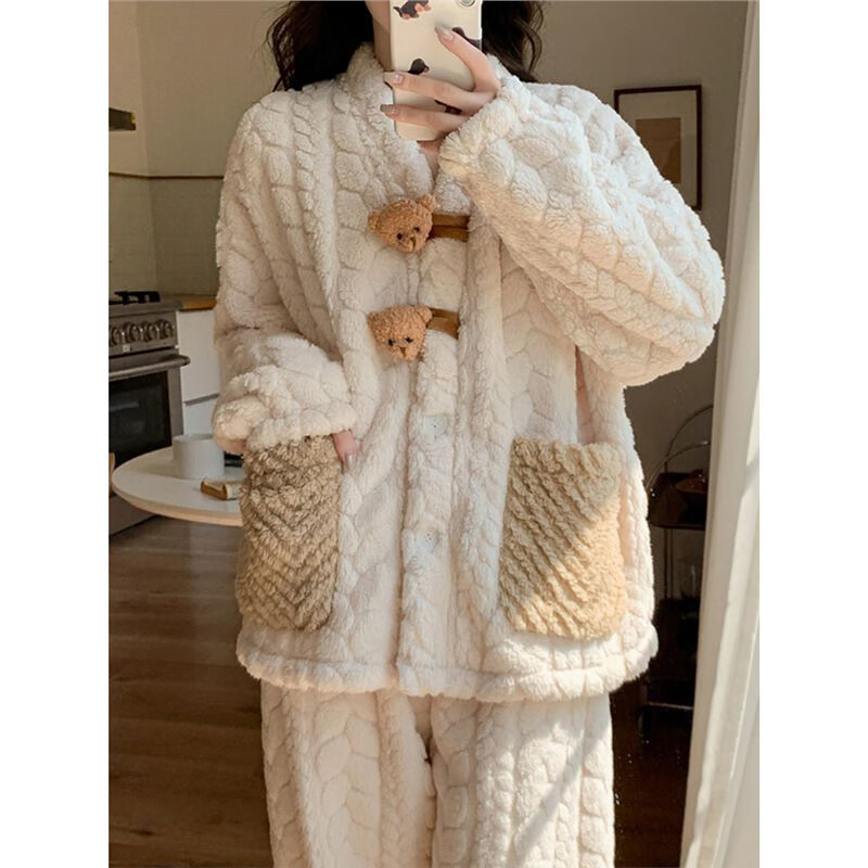 LangSha Coral Velvet Women's Pajamas Women's Plus Velvet Thickened Winter New Internet Celebrity Princess Warm Flannel Bear Home Clothes