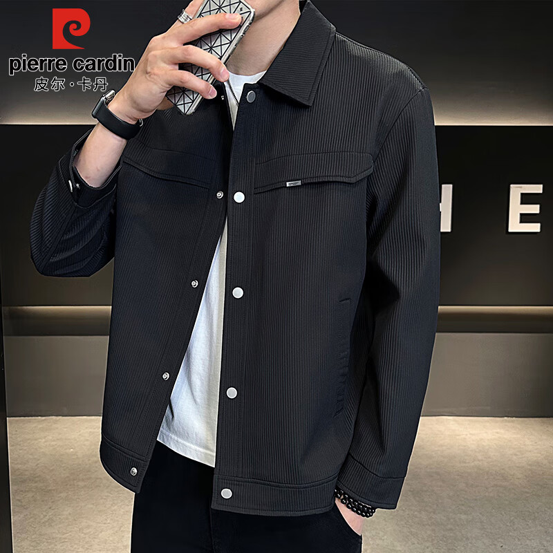 Pierre Cardin Jacket Men's Spring Autumn and Winter Trendy Fashion Work Jacket Men's Casual Lapel Clothes Men's Black XL
