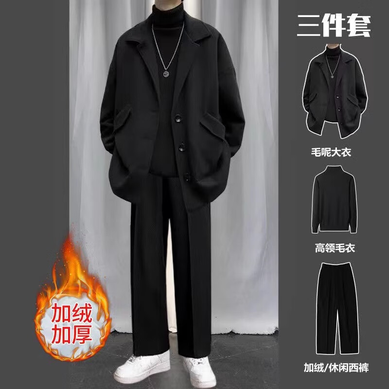 Gxmy woolen coat suit men's casual autumn and winter coat trendy high-end men's clothing complete set with handsome windbreaker woolen coat black + sweater white + trousers three-piece set XL 125-140 pounds