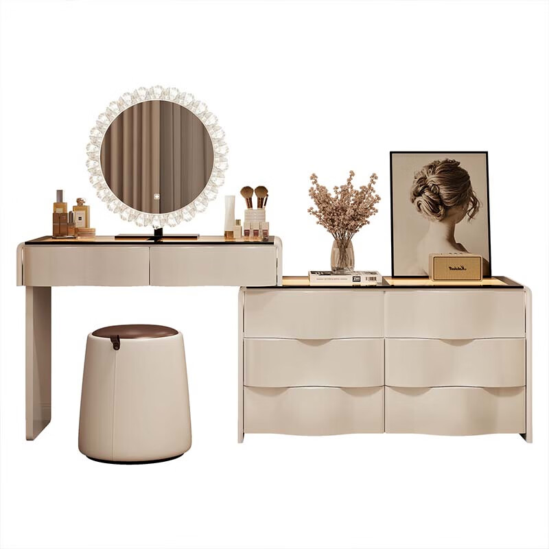 Xinang 2025 new solid wood bedroom high-end bedside six-drawer cabinet dressing table jewelry cabinet dressing table storage drawer cabinet integrated white 100cm + six-drawer cabinet + sunglasses + crescent lamb