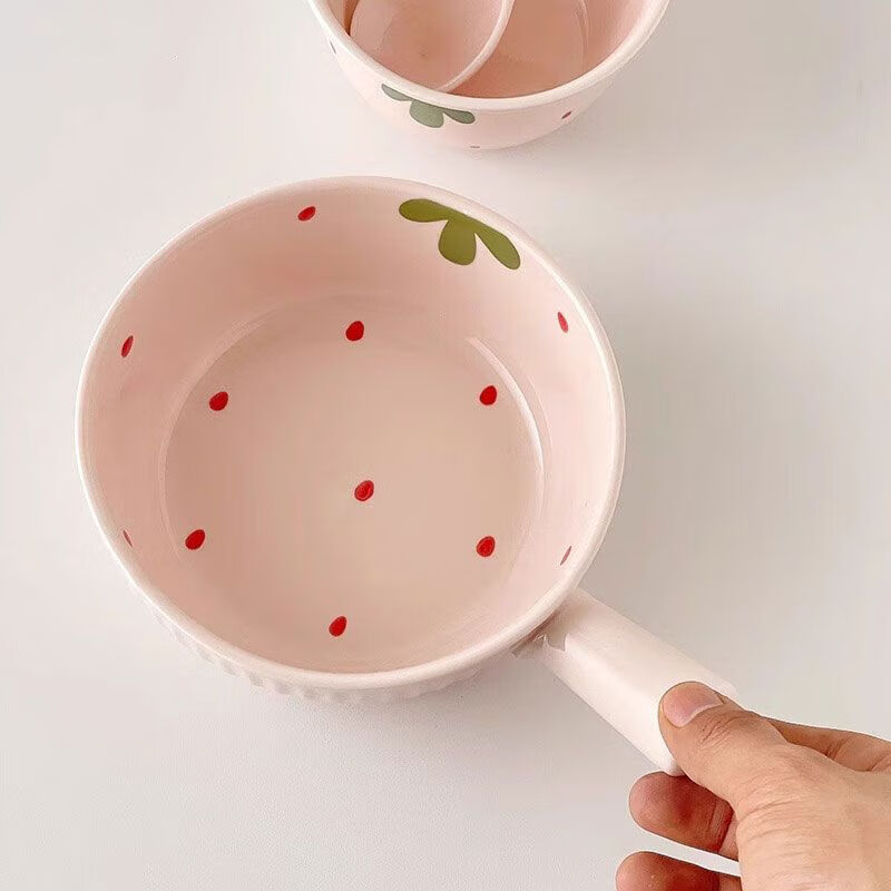 Cream powder strawberry ceramic bowl and spoon for household high-looking rice bowl girl's heart dessert bowl underglaze color tableware set 1 piece light pink strawberry handle bowl