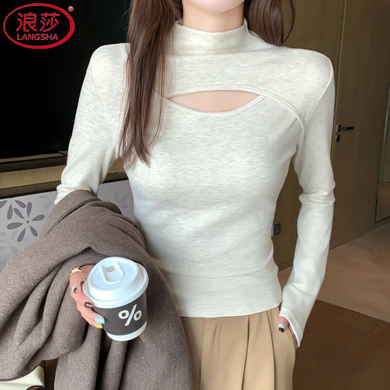 Langsha half turtleneck bottoming shirt for women, brushed inner wear, winter 2025 new style, high-end hollow long-sleeved T-shirt, pure desire top