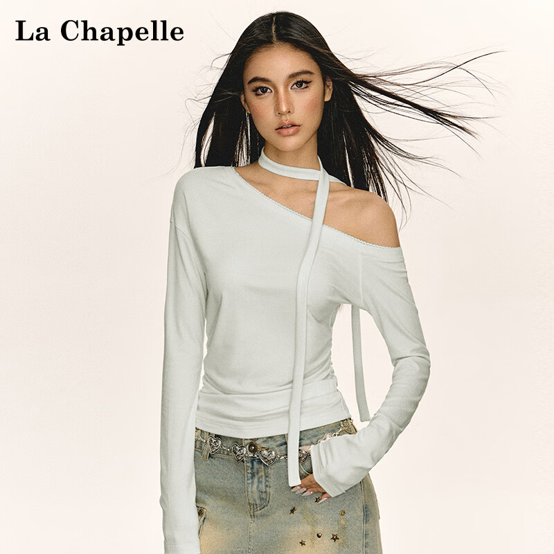 La Chapelle 2025 new spring and autumn oblique shoulder off-shoulder waist design long-sleeved bottoming shirt women's top black L