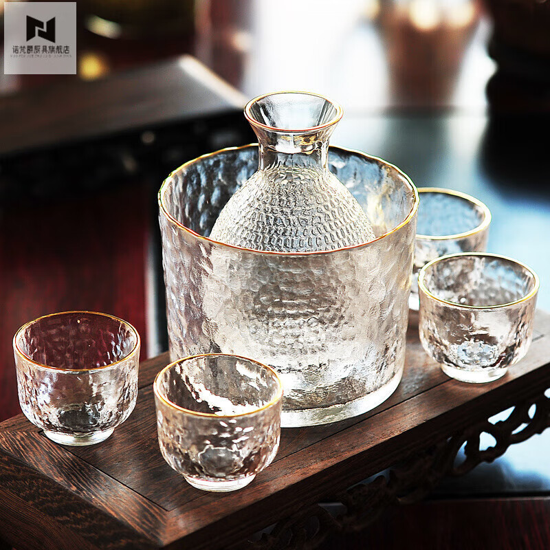 NIOFOA JUR Japanese-style glass rice wine warmer kettle household one or two white wine cups coffee hammer pattern ins light luxury wine kettle Phnom Penh 2 pots 6 cups