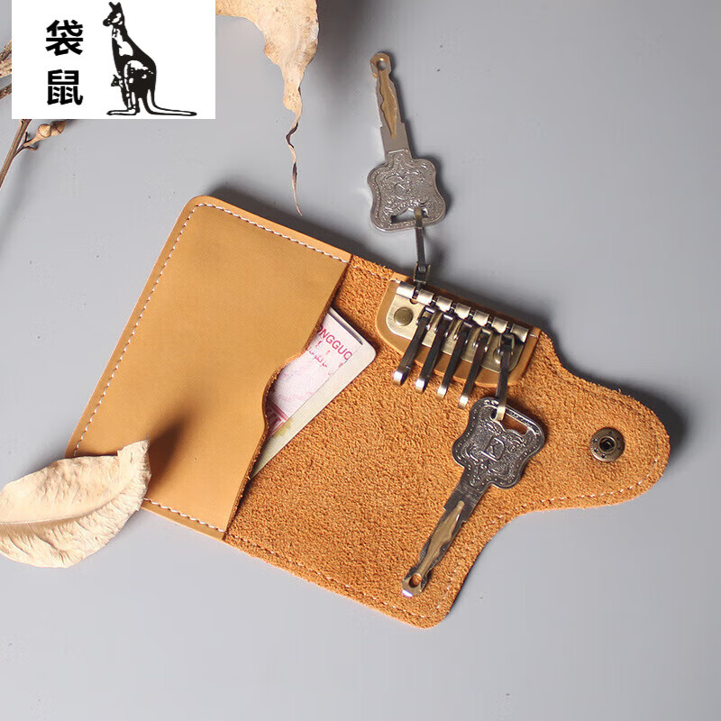 Kangaroo (KANGAROO) men's and women's genuine leather multifunctional keychain with large capacity, casual and lightweight cowhide waist hanging car key bag, crocodile pattern first layer cowhide texture with hanging buckle bull buckle