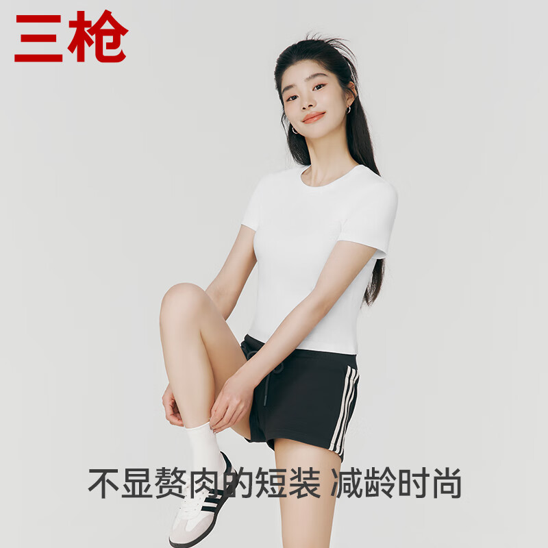 THREEGUN Short Sleeve Women's Stretch Rib Cotton Solid Color Round Neck Women's Versatile Slim Short T-shirt Muhara Gray 2XL