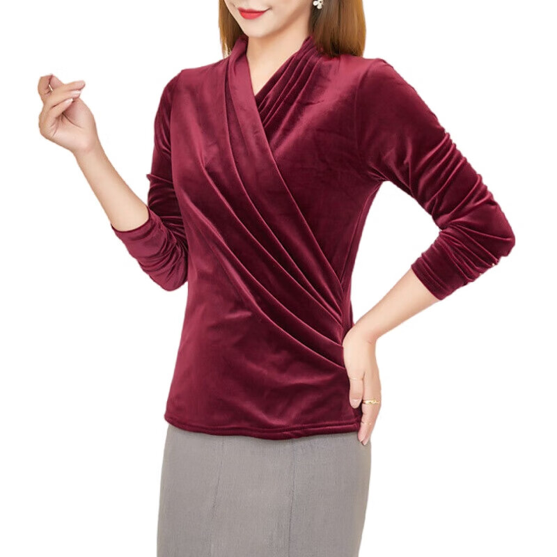 Black V-neck autumn top for women, slim waisted long-sleeved gold velvet European style fashionable European station T-shirt for women blue velvet thickened 2XL recommended 135-150 catties