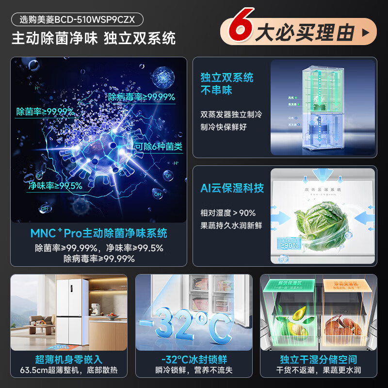 Meiling upgraded sterilization 510/511/503/507 cross four-door multi-door double cycle first-class dual-frequency household refrigerator 510PRO active odor purification white