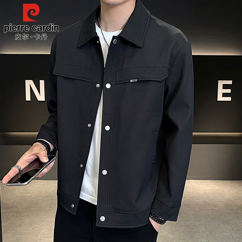 Pierre Cardin Jacket Men's Spring Autumn and Winter Trendy Fashion Work Jacket Men's Casual Lapel Clothes Men's Black XL