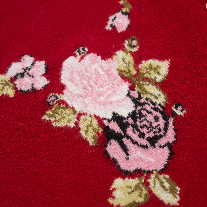 Ordos 1980 pure cashmere round neck jacquard decoration casual cardigan women's commuter cashmere cardigan autumn and winter bright red XL 170/92A